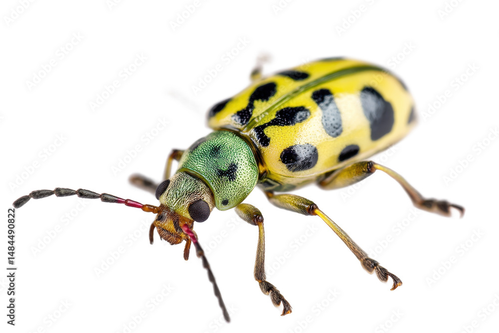 Close-up of a vibrant yellow and black spotted beetle on white background Close-up of a vibrant yellow and black spotted beetle on white background