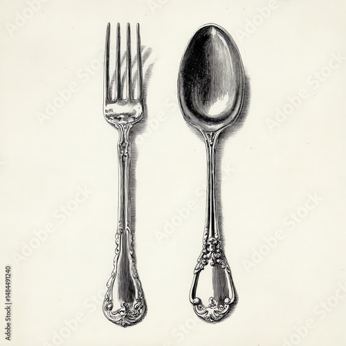 Vintage spoon and fork silverware illustration