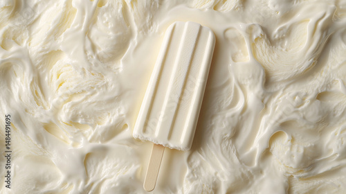 Realistic top-view of a half-submerged ice cream popsicle amid melting swirls of textured cream. 
