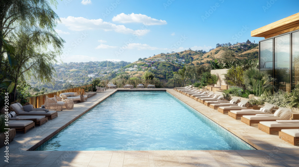 Scenic outdoor pool overlooks lush hills and clear skies, surrounded by modern patio space and boho loungers. Scenic outdoor pool overlooks lush hills and clear skies, surrounded by modern patio space and boho loungers.