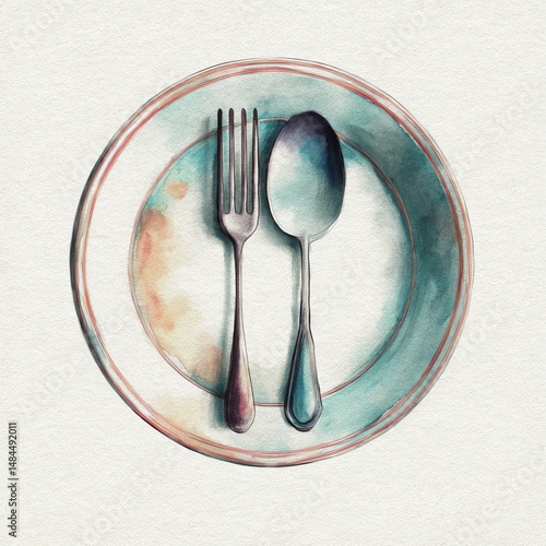 Watercolor plate with spoon and fork artwork