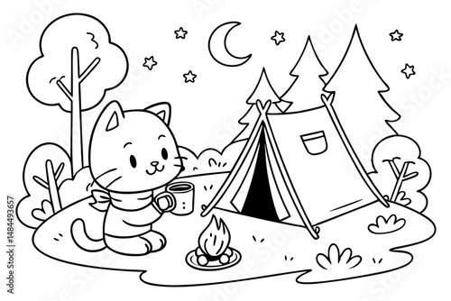 The cute cat is enjoying a camping trip coloring page