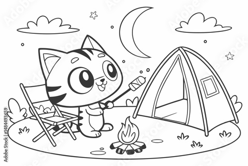 The cute cat is enjoying a camping trip coloring page