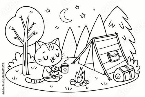 The cute cat is enjoying a camping trip coloring page