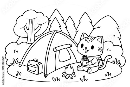 The cute cat is enjoying a camping trip coloring page