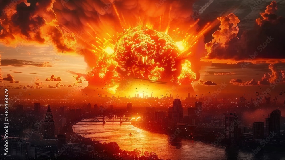 Fototapeta premium Dramatic view of a fiery explosion engulfing a city with a massive mushroom cloud.