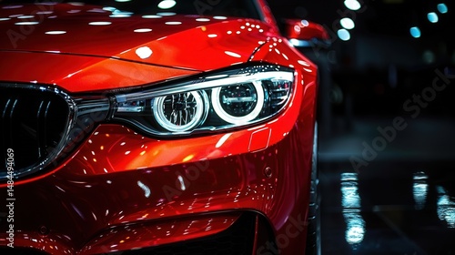 The sleek design of a vibrant red luxury car is shown in a detailed close-up shot.