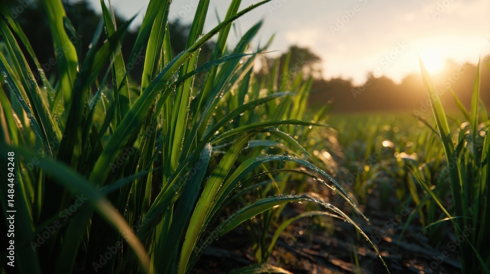 Fototapeta premium Vibrant Green Leaves with Water Droplets in a Field at Sunrise or Sunset, Evoking Natural Freshness and Sustainable Growth : Generative AI