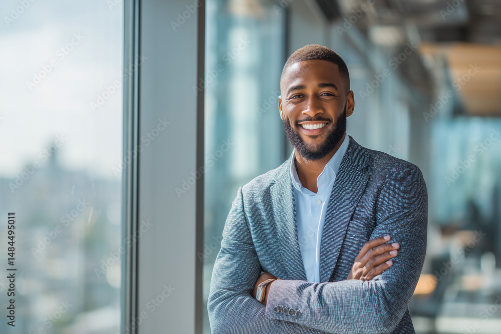 Confident young businessman standing in modern office with arms crossed and city view in background Confident young businessman standing in modern office with arms crossed and city view in background