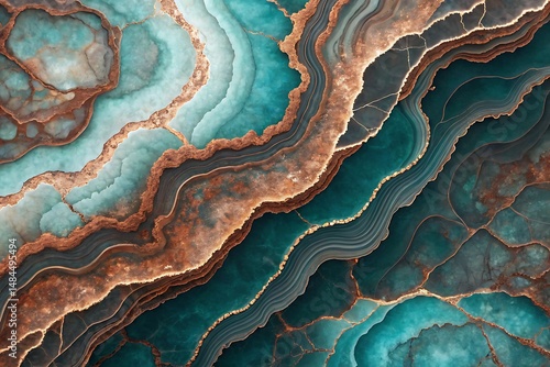 Aerial view displays teal and bronze mineral formations with natural wavy textures across surfaces