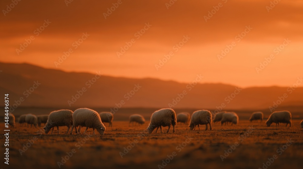 Fototapeta premium Flock of Sheep Grazing in Field at Sunset, Depicting Rural Life and Sustainable Agriculture With Warm Tone and Pastoral Harmony : Generative AI