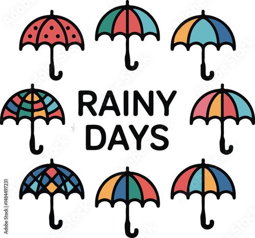 A vector illustration shows a colorful set of open umbrellas, essential accessories for rain protection during any rainy season
