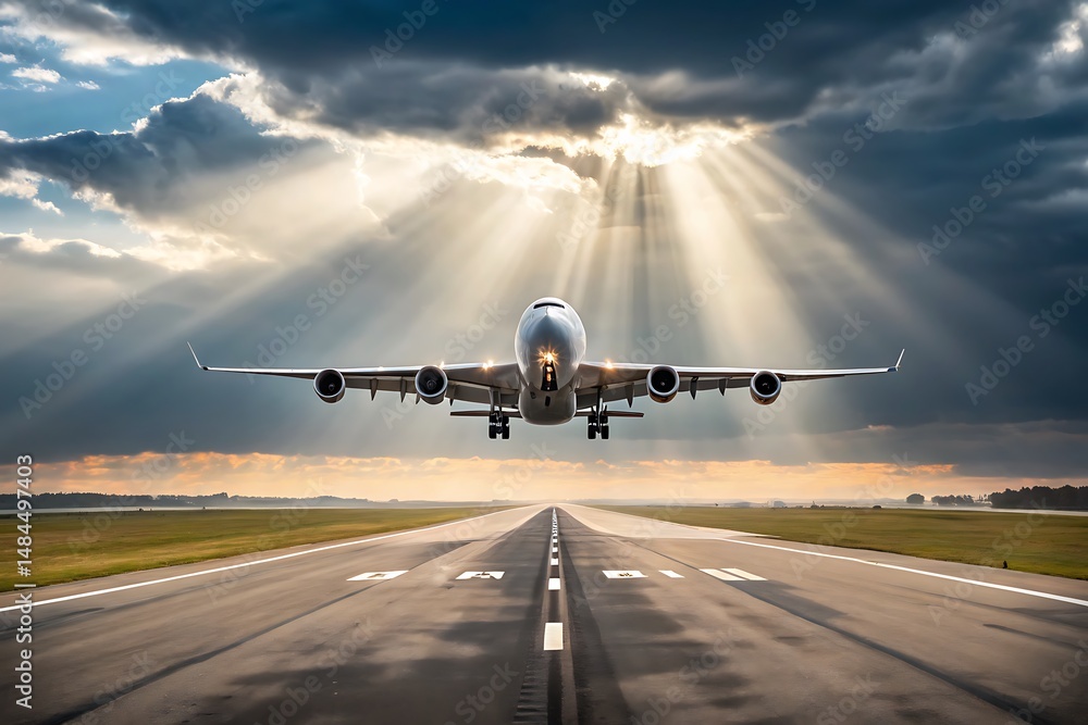 Naklejka premium Airplane is shown taking off from the runway while bathed in golden light