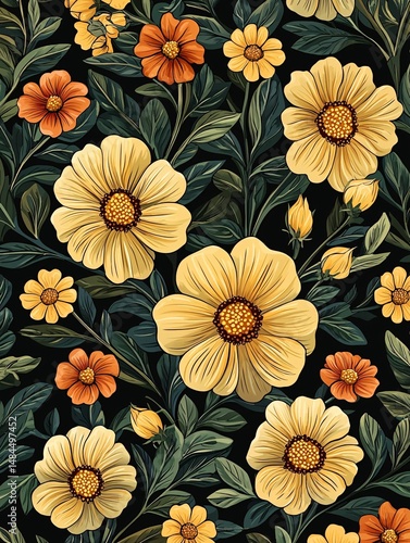 Wallpaper Mural Yellow flowers and green leaves Torontodigital.ca