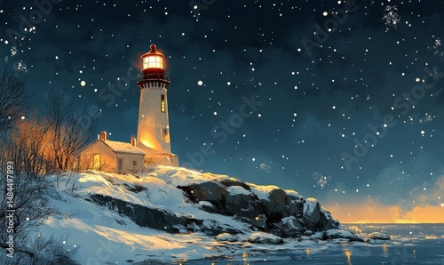 elegantly illustrated Christmas card featuring a glowing snowy lighthouse on a cliff, Generative AI