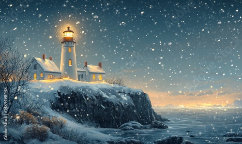 elegantly illustrated Christmas card featuring a glowing snowy lighthouse on a cliff, Generative AI