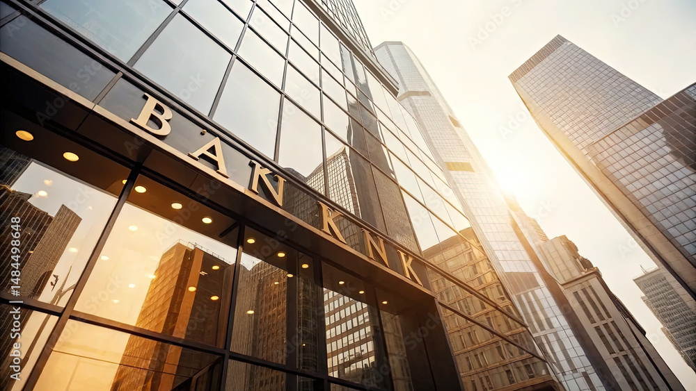Obraz premium Modern central bank building with glass facade reflecting sunlight, symbolizing financial stability and economic power, banking and finance industry concept.