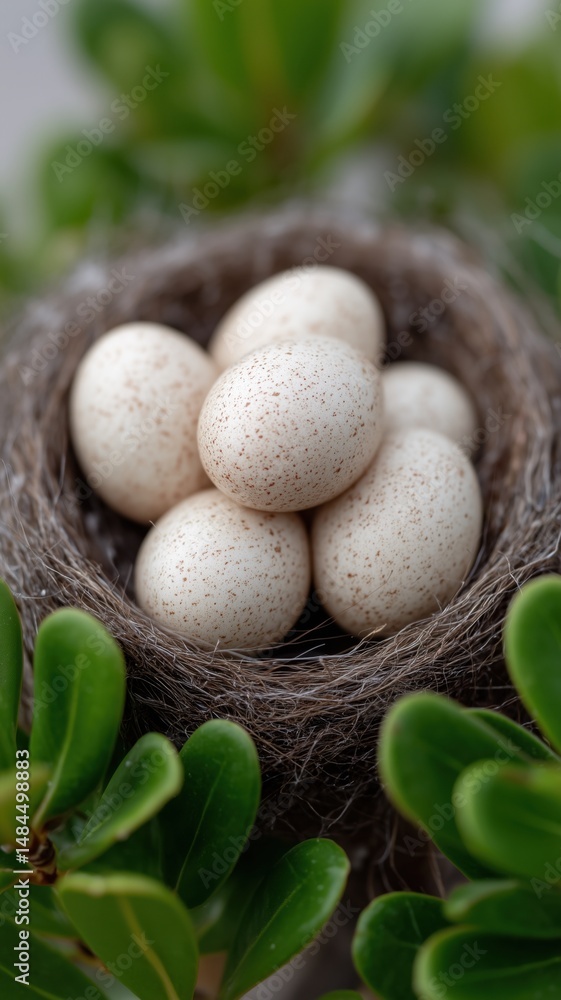 Nesting chaos: eggs in a nest among greenery for nature design and spring decor Nesting chaos: eggs in a nest among greenery for nature design and spring decor