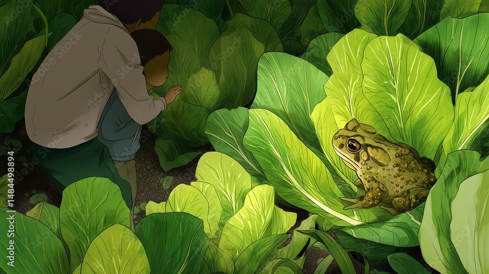 Child observing a frog in a lush garden surrounded by large green leaves during the daytime