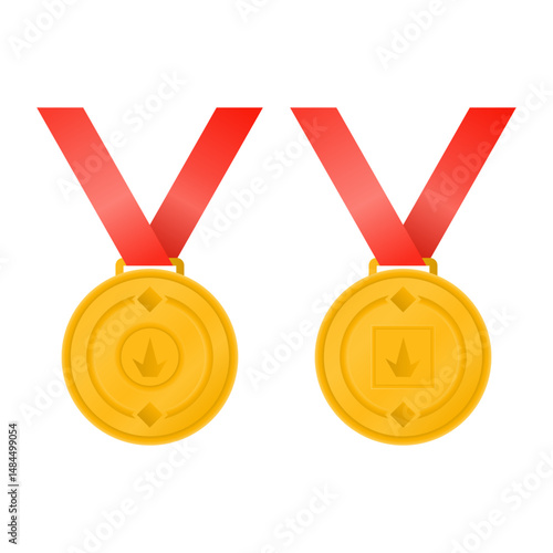 Gold Medal of Honor Vector on White Background. Award Medal with Red Ribbon. Gold Medal of Success.