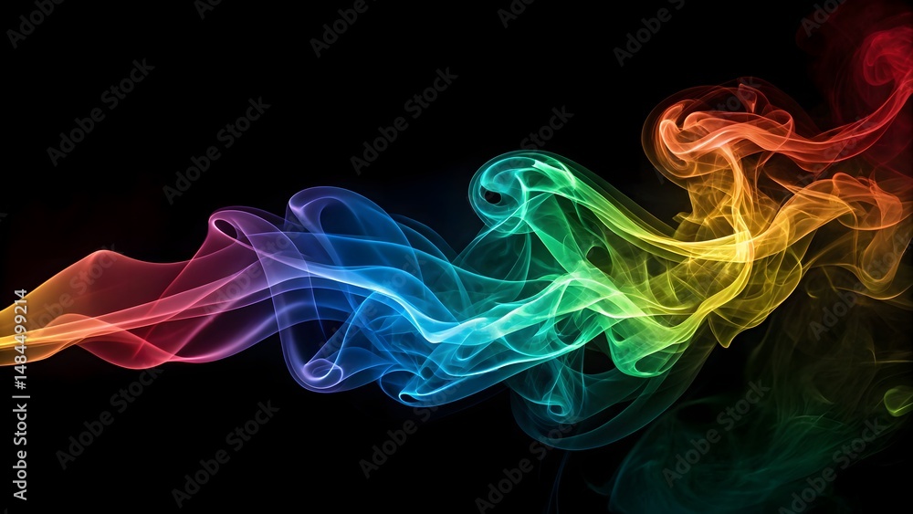 Fototapeta premium Vivid smoke trails in multiple colors swirling to create dynamic shapes against a dark backdrop, evoking a sense of motion and energy. Perfect for artistic projects, design elements, and creative.