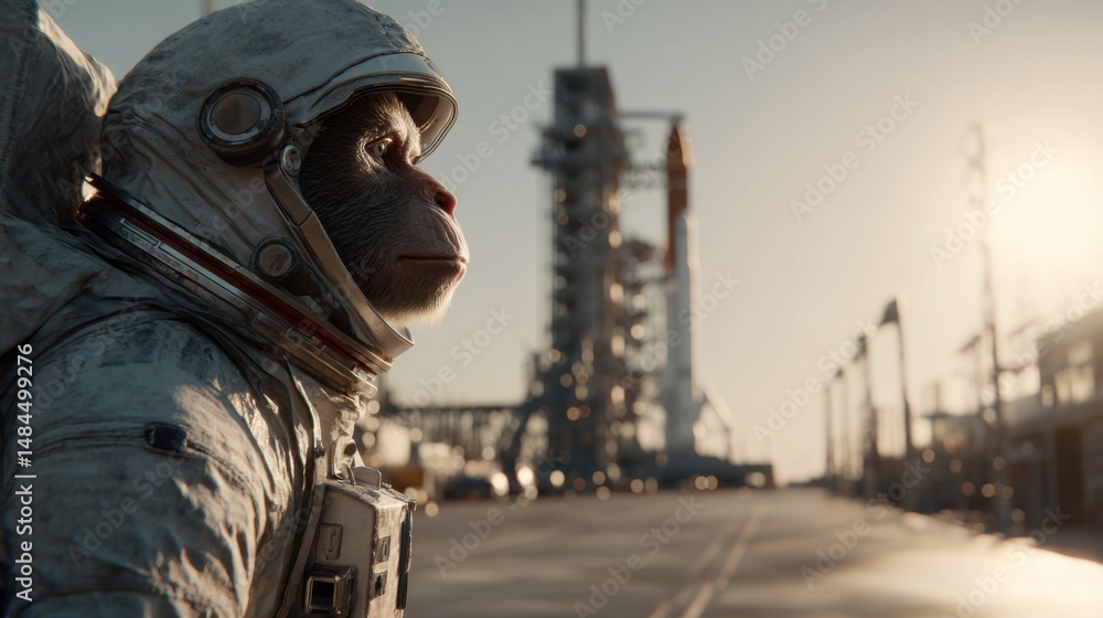 Chimpanzee in Astronaut Suit Stands Near Rocket Launchpad Looking Towards Horizon, Representing Ambition and the Journey of Exploration : Generative AI Chimpanzee in Astronaut Suit Stands Near Rocket Launchpad Looking Towards Horizon, Representing Ambition and the Journey of Exploration : Generative AI