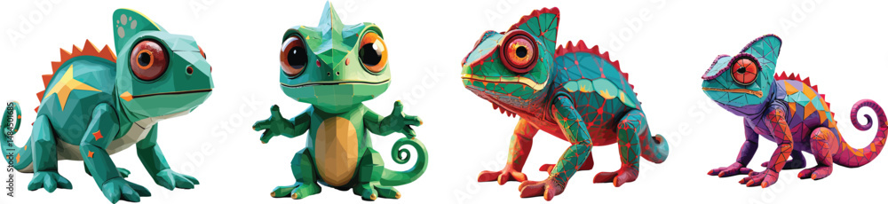 Cut Out Set of Low Poly Vector illustration Of Chameleon Plush Toy Isolated on Transparent or White Background. Cut Out Set of Low Poly Vector illustration Of Chameleon Plush Toy Isolated on Transparent or White Background.