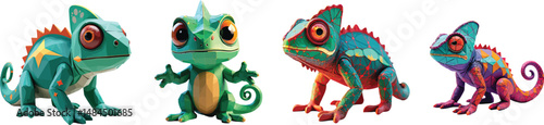 Cut Out Set of Low Poly Vector illustration Of Chameleon Plush Toy Isolated on Transparent or White Background.