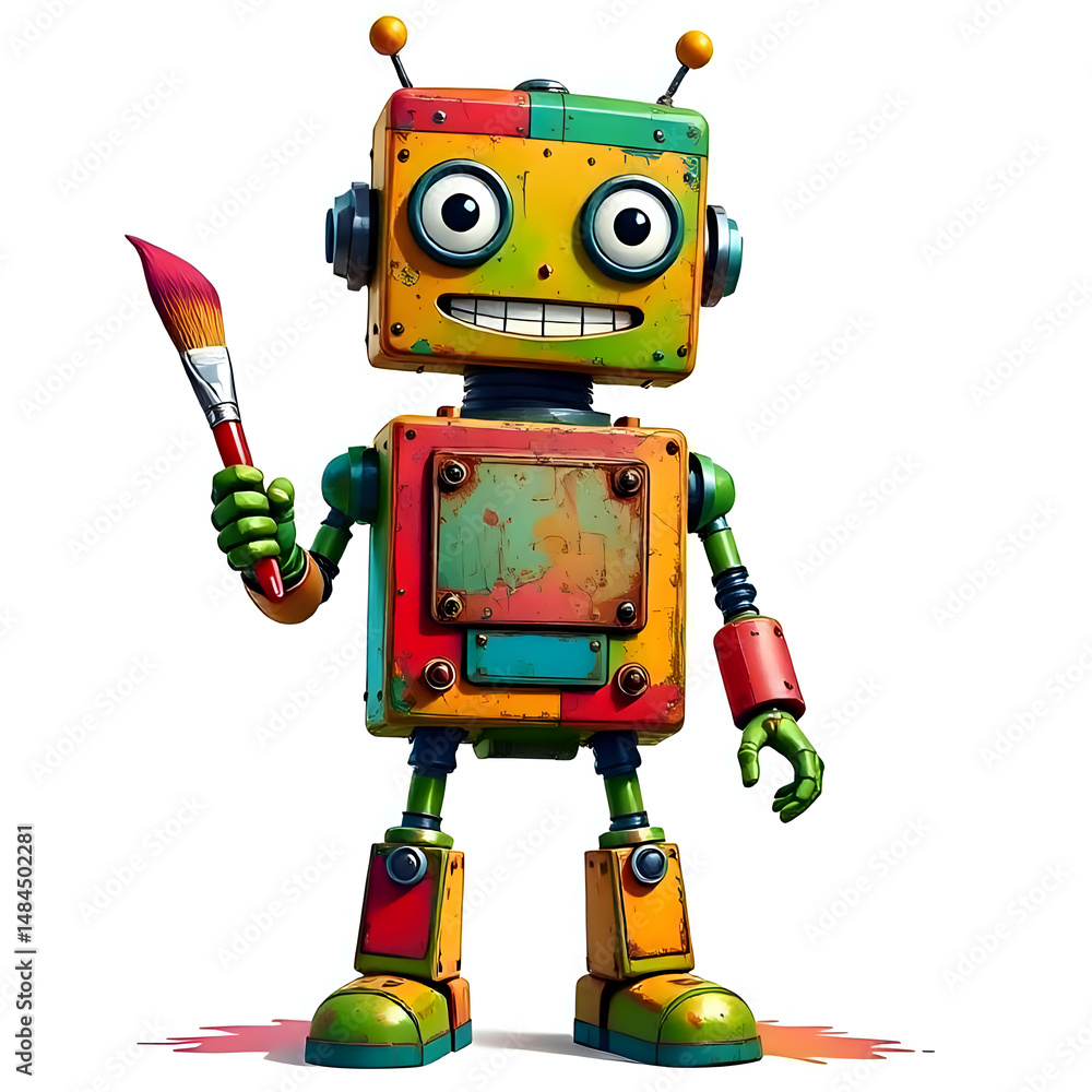 Fototapeta premium Robot toy holding a paint brush.