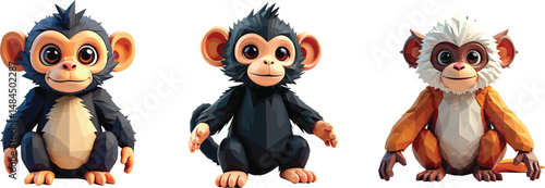 Cut Out Set of Low Poly Vector illustration Of Gibbon Monkey Plush Toy Isolated on Transparent or White Background.