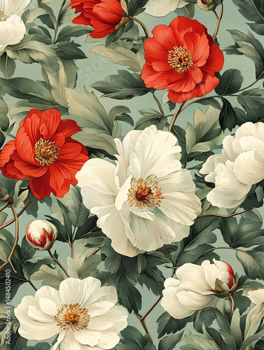 Wallpaper Mural Red, white flowers and green leaves retro pattern Torontodigital.ca