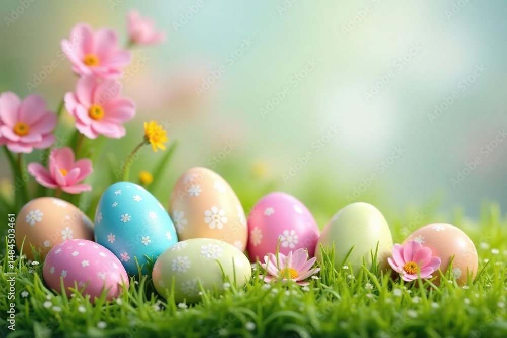 Pastel-colored Easter eggs nestled in spring flowers and green grass A cheerful springtime background , tulip, design Pastel-colored Easter eggs nestled in spring flowers and green grass A cheerful springtime background , tulip, design