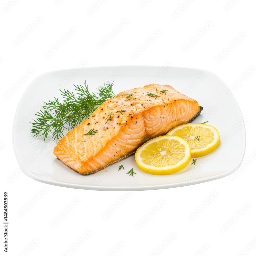 Freshly cooked salmon fillet garnished with herbs and lemon slices on a plate Freshly cooked salmon fillet garnished with herbs and lemon slices on a plate