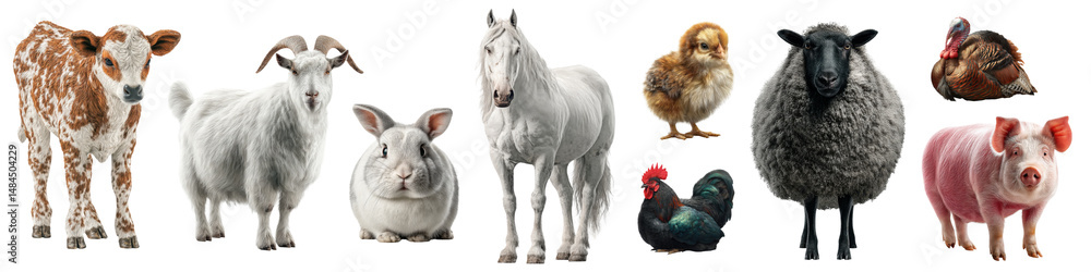 Fototapeta premium Group of livestock animals in veterinary advertisement concept. Farm animals illustrated in various styles and poses