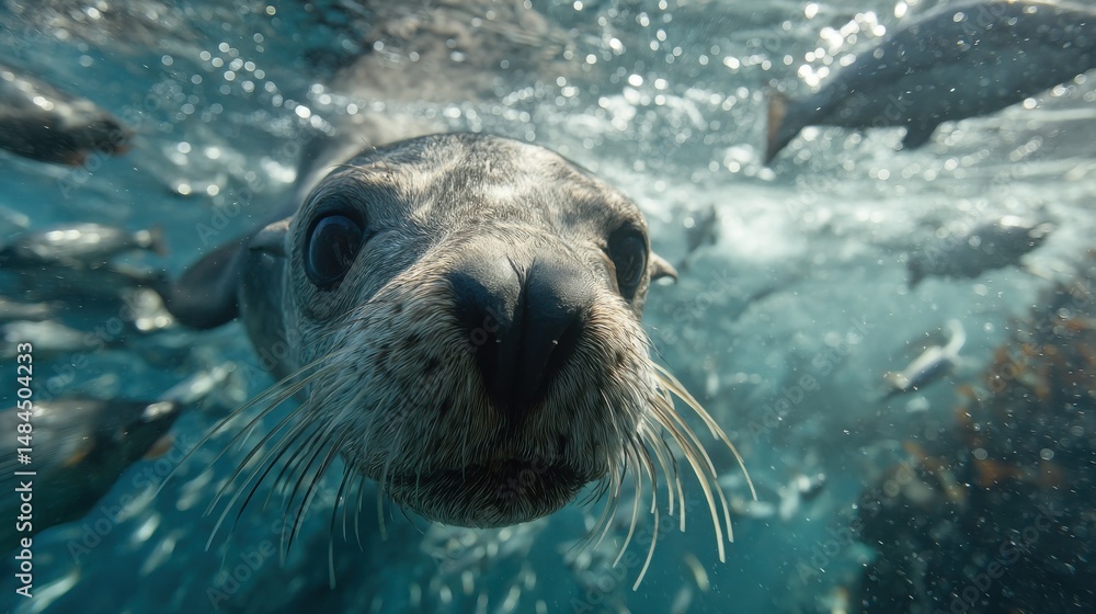 Fototapeta premium Close-up of a Curious Seal Swimming Underwater in Clear Blue Ocean Water Capturing Marine Wildlife and Natural Beauty : Generative AI