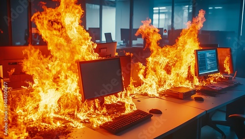 Burning office computers fire destroys workplace equipment and office building inferno concept