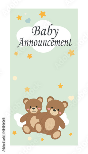 Cute Baby Announcement Vertical Vector Set - Teddy Bear & Stork Story Graphics-02