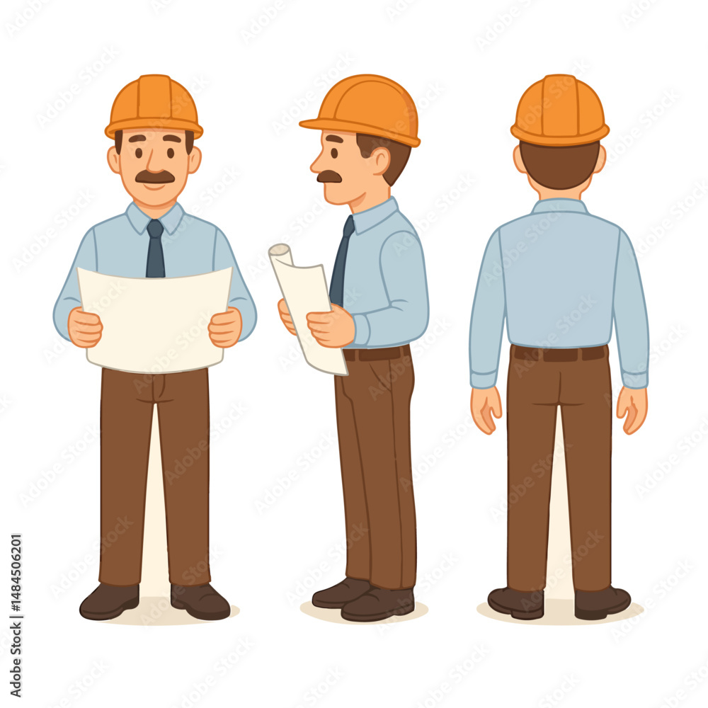 A man engineer in a hard hat holding a blueprint vector illustration A man engineer in a hard hat holding a blueprint vector illustration