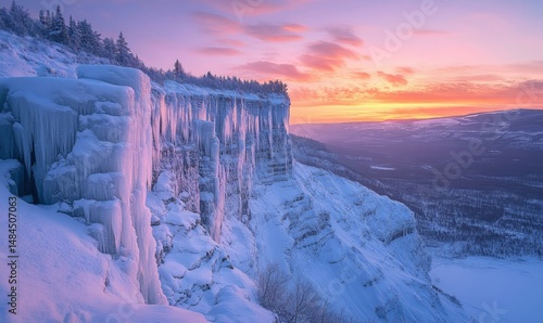dramatic icy cliffs illuminated by soft pink and orange hues of a winter sunset, Generative AI