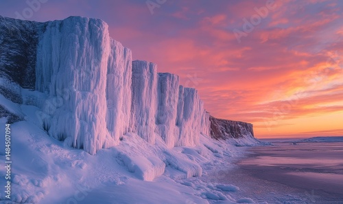 dramatic icy cliffs illuminated by soft pink and orange hues of a winter sunset, Generative AI