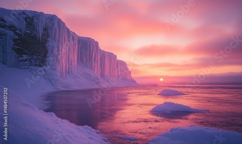 dramatic icy cliffs illuminated by soft pink and orange hues of a winter sunset, Generative AI