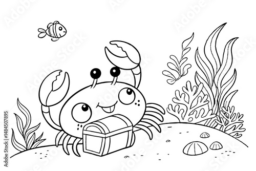 Cute kawaii crab cartoon character underwater background coloring page vector illustration