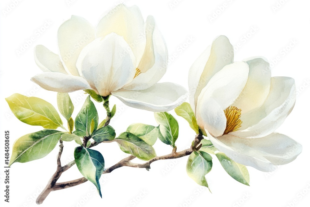Obraz premium Delicate magnolia blossoms on a branch. Soft, white petals, with hints of yellow, sit atop delicate green leaves and stems. A gentle, spring-like image