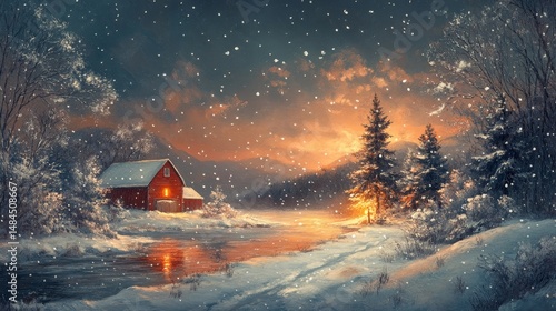 picturesque snow-covered countryside with a vintage red barn glowing warmly in the distance, Generative AI