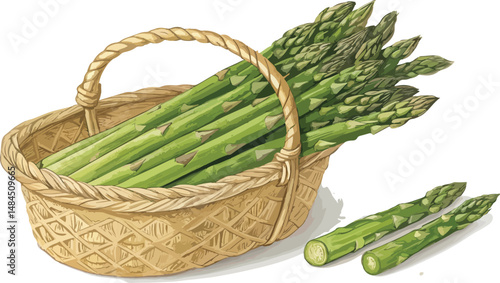 Asparagus in wicker basket in white background Illustration vector design, Asparagus vector design