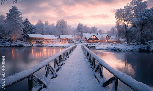 picturesque snow-covered bridge leading to a quaint glowing village under pastel skies, Generative AI