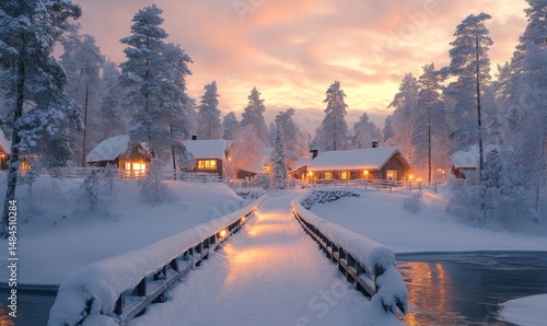 picturesque snow-covered bridge leading to a quaint glowing village under pastel skies, Generative AI