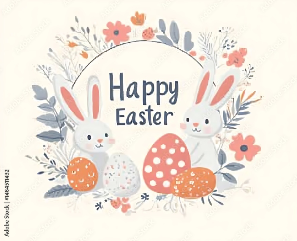 Obraz premium flat color cute simple illustration of a Happy Easter greeting with bunnies eggs and floral patterns in a circular frame on a light background Hand-lettered text reads Happy Easter