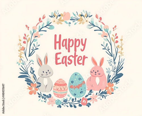 flat color cute simple illustration of a Happy Easter greeting with bunnies eggs and floral patterns in a circular frame on a light background Hand-lettered text reads Happy Easter