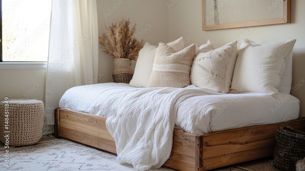 Fototapeta premium Cozy bedroom with sturdy wooden trundle bed, white bedding, and plush pillows
